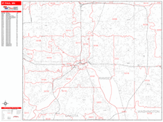 St. Paul Wall Map Zip Code Red Line Style 2024
